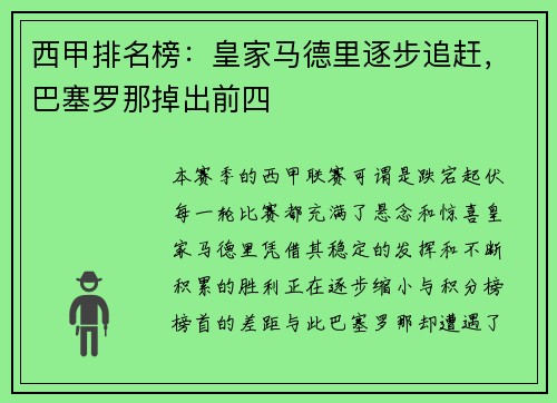西甲排名榜：皇家马德里逐步追赶，巴塞罗那掉出前四